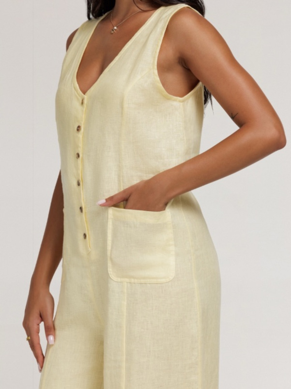 Nomad The Label Sleeveless V-Neck Wide-Leg Jumpsuit in Pale Yellow NWT - Picture 3 of 10